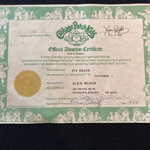 Original Cabbage Patch Birth Certificate